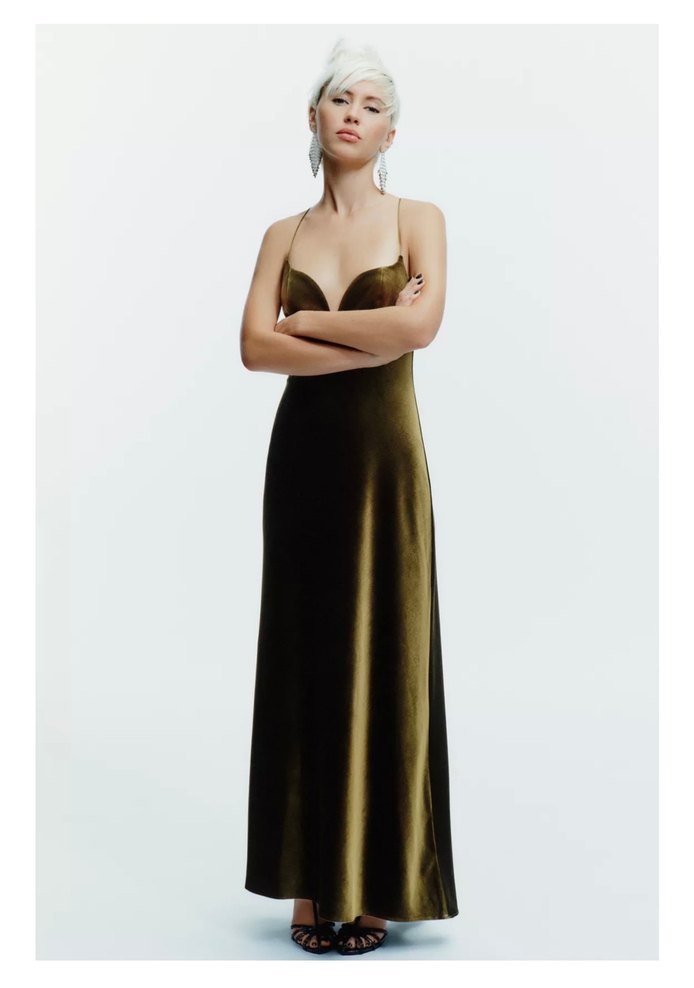 Parlak Haki V Yaka Uzun Kadın Elbise - Görsel 3