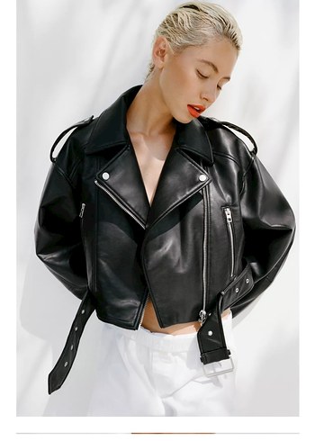 Siyah Kemerli Kısa Kadın Deri Ceket - Görsel 2