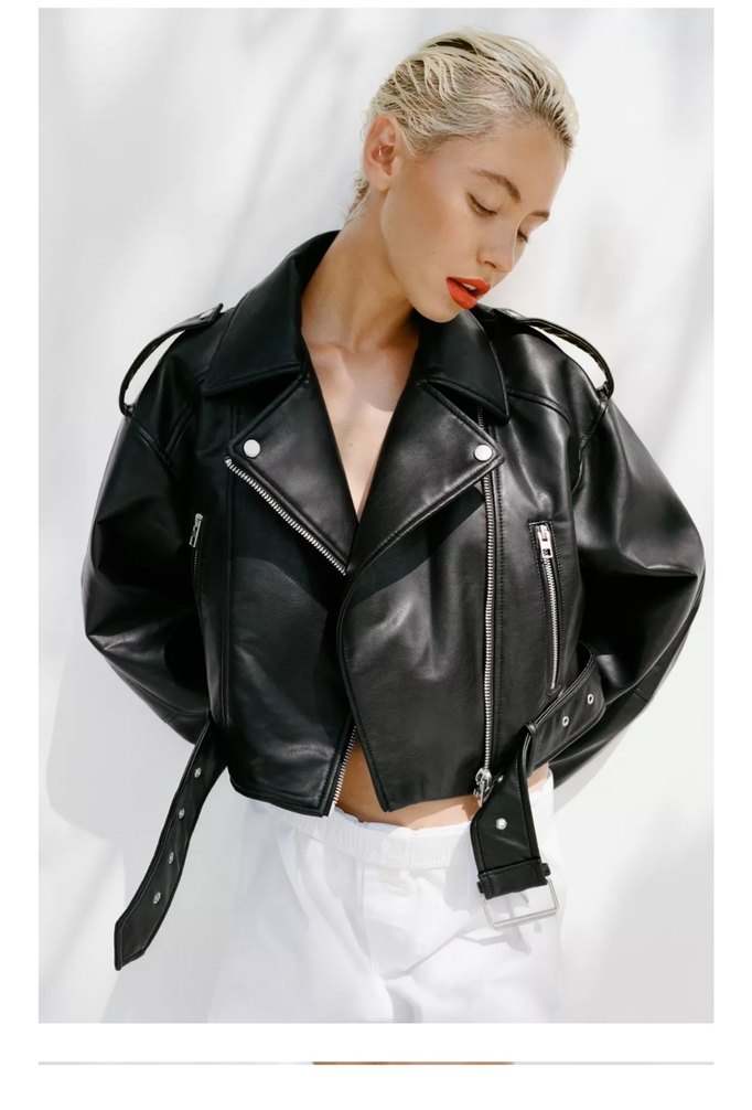 Siyah Kemerli Kısa Kadın Deri Ceket - Görsel 2