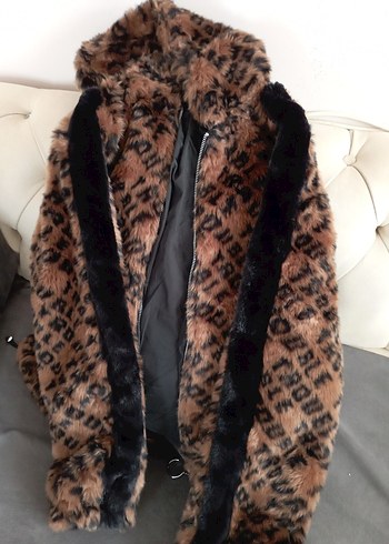 Kahverengi Leopar Desenli Kapüşonlu Kadın Peluş Ceket - Görsel 6