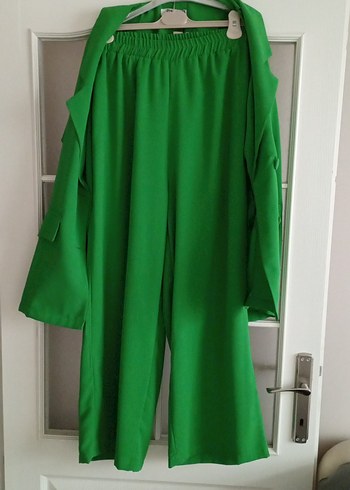 yüksek bel pantolonlu ceket takım astarsız dökümlü kumaş - Görsel 2