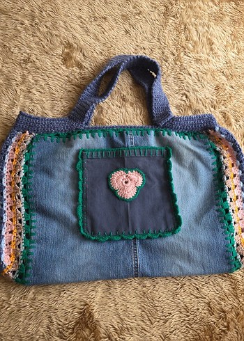 Diğer El İslemeli Vintage Denim Omuz Cantasi