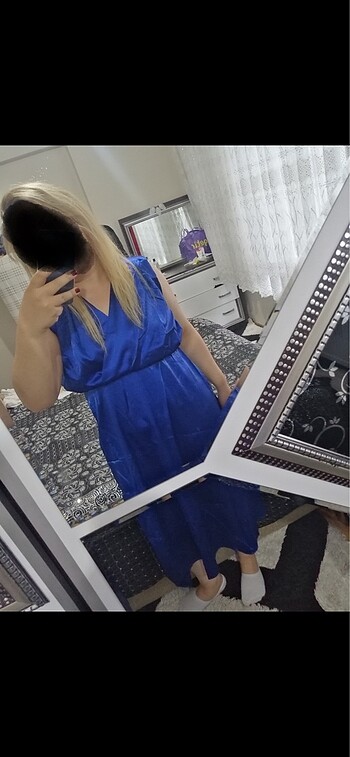 Diğer Lacivert Kruvaze Yaka Saten Elbise