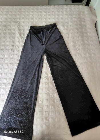 Siyah Simli Kadın Rahat Bol Paça Pantolon