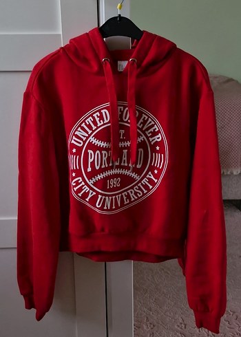 Kırmızı Kadın Sweatshirt Kapüşonlu Baskılı