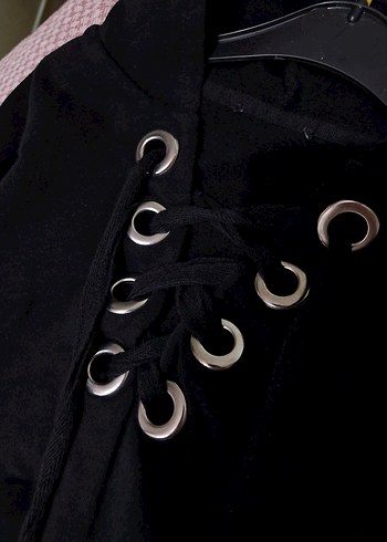 s Beden Siyah Kuş Gözü Düğmeli Uzun Kollu Sweatshirt