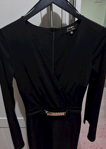 Koton Kemerli Siyah V Yakalı Uzun Kadın Elbise - Görsel 6