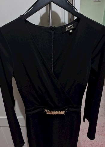 Koton Kemerli Siyah V Yakalı Uzun Kadın Elbise - Görsel 5