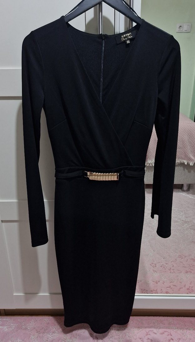 Koton Kemerli Siyah V Yakalı Uzun Kadın Elbise - Görsel 2