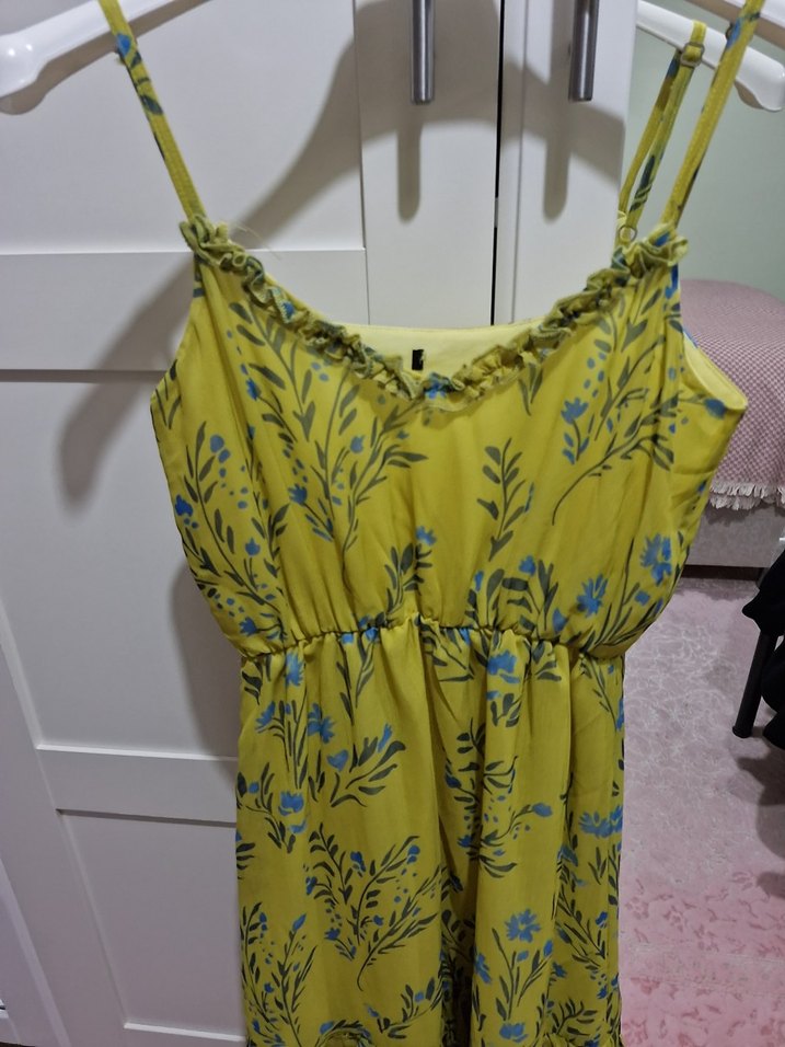 Trendyolmilla Lime Sarı / Yeşil Çiçekli Uzun Astarlı Elbise - Görsel 4