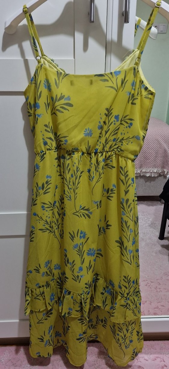 Trendyolmilla Lime Sarı / Yeşil Çiçekli Uzun Astarlı Elbise - Görsel 5