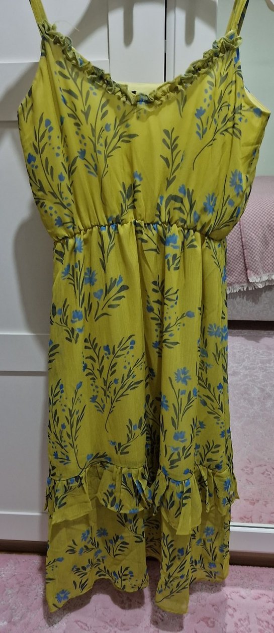 Trendyolmilla Lime Sarı / Yeşil Çiçekli Uzun Astarlı Elbise - Görsel 2