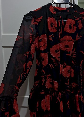 Loft Uzun Kollu Fırfırlı Kırmızı Çiçekli Midi Elbise - Görsel 5