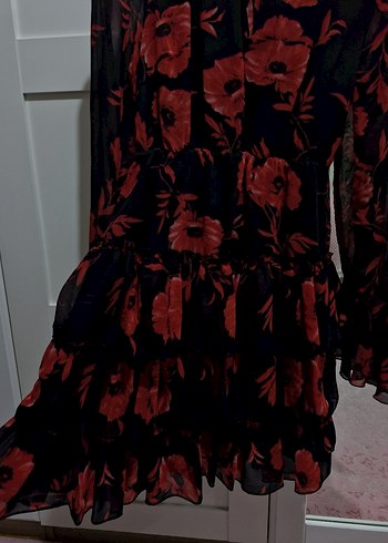 Loft Uzun Kollu Fırfırlı Kırmızı Çiçekli Midi Elbise - Görsel 8