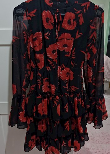 Loft Uzun Kollu Fırfırlı Kırmızı Çiçekli Midi Elbise - Görsel 2