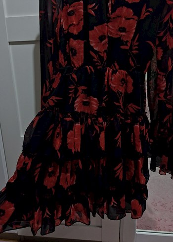 Loft Uzun Kollu Fırfırlı Kırmızı Çiçekli Midi Elbise - Görsel 9