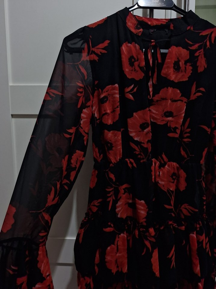 Loft Uzun Kollu Fırfırlı Kırmızı Çiçekli Midi Elbise - Görsel 5