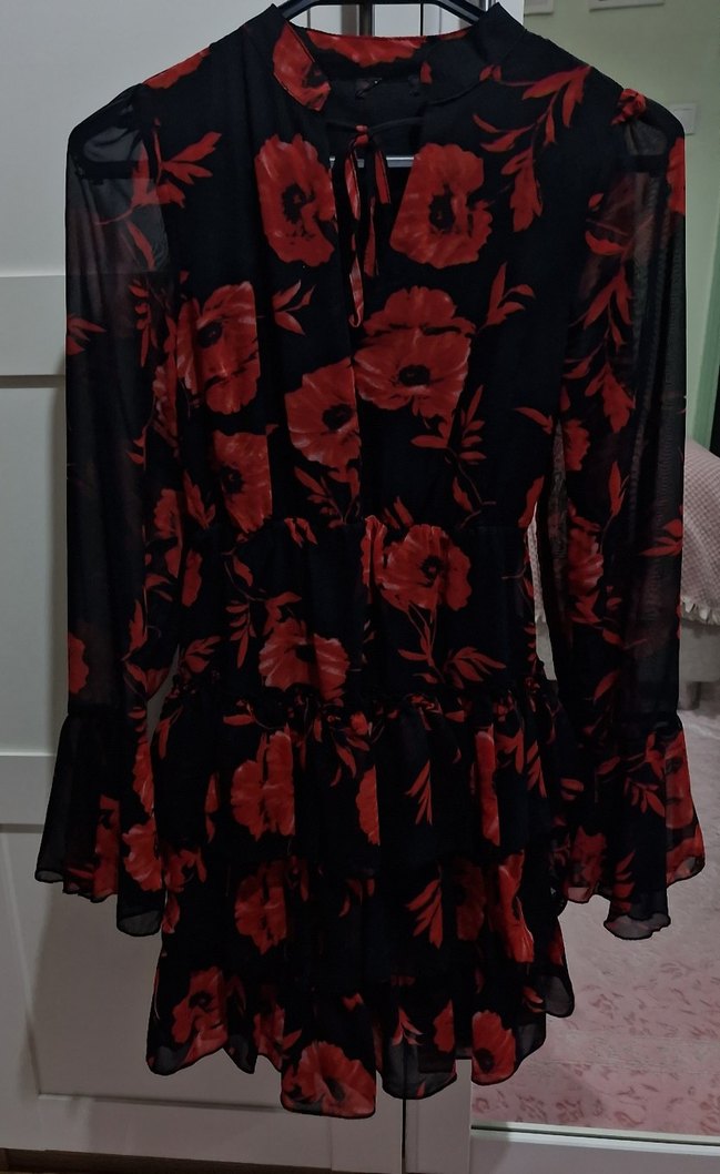 Loft Uzun Kollu Fırfırlı Kırmızı Çiçekli Midi Elbise - Görsel 3