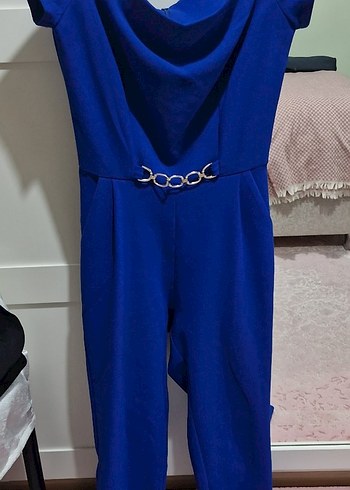 Kayık Yaka Saks Mavisi Kemer Detaylı ve Cepli Uzun Tulum - Görsel 2