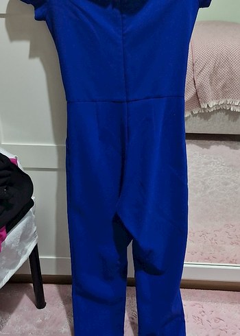 Kayık Yaka Saks Mavisi Kemer Detaylı ve Cepli Uzun Tulum - Görsel 6