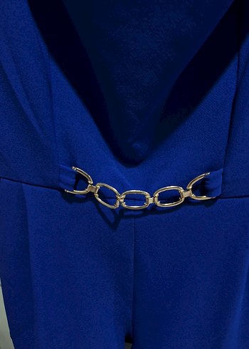 Kayık Yaka Saks Mavisi Kemer Detaylı ve Cepli Uzun Tulum - Görsel 4