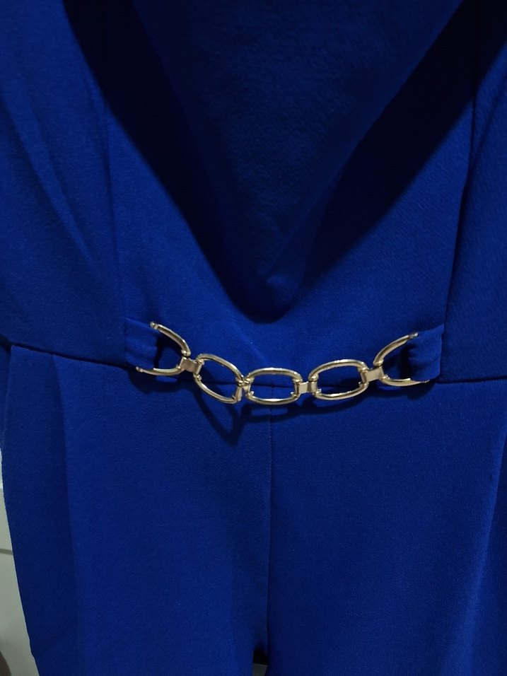 Kayık Yaka Saks Mavisi Kemer Detaylı ve Cepli Uzun Tulum - Görsel 3