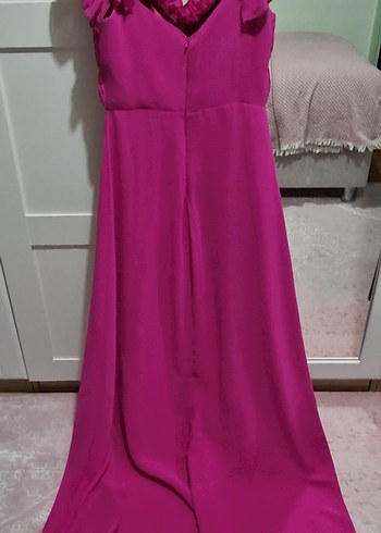 Trendyolmilla Fuşya Pembe V Yaka Fırfırlı Uzun Abiye Elbise - Görsel 10