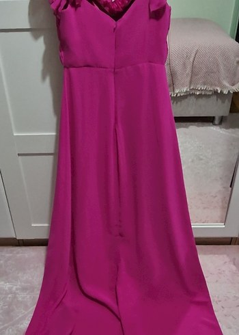 Trendyolmilla Fuşya Pembe V Yaka Fırfırlı Uzun Abiye Elbise - Görsel 11