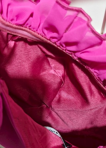 Trendyolmilla Fuşya Pembe V Yaka Fırfırlı Uzun Abiye Elbise - Görsel 13