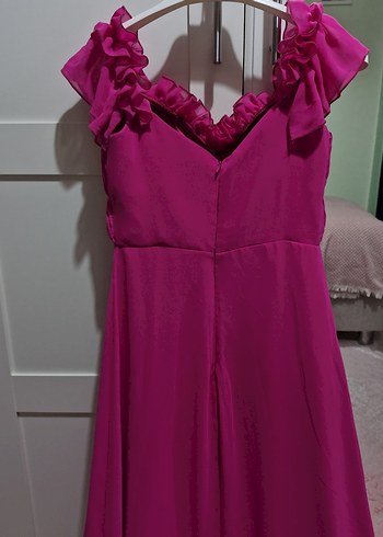 Trendyolmilla Fuşya Pembe V Yaka Fırfırlı Uzun Abiye Elbise - Görsel 9