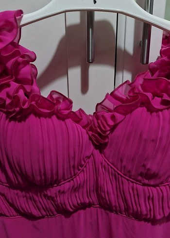 Trendyolmilla Fuşya Pembe V Yaka Fırfırlı Uzun Abiye Elbise - Görsel 7