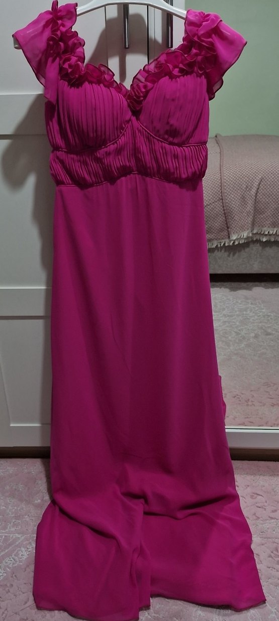 Trendyolmilla Fuşya Pembe V Yaka Fırfırlı Uzun Abiye Elbise - Görsel 5