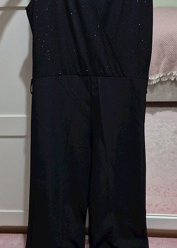 Siyah Üstü Sim Detaylı Kumaştan 0 Kollu Kumaş Pantolonlu Tulum - Görsel 2