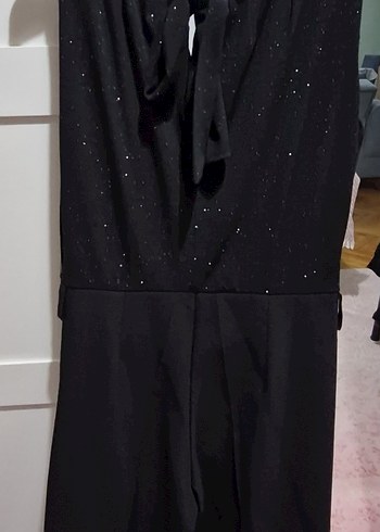 Siyah Üstü Sim Detaylı Kumaştan 0 Kollu Kumaş Pantolonlu Tulum - Görsel 9