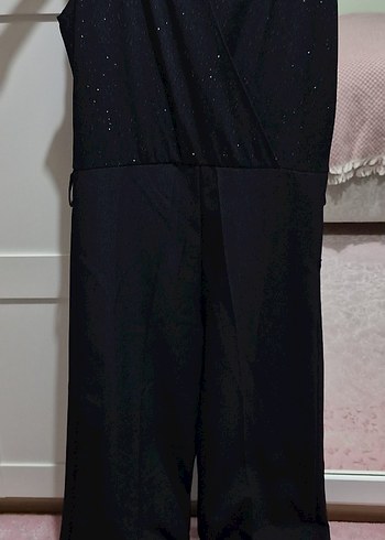 Siyah Üstü Sim Detaylı Kumaştan 0 Kollu Kumaş Pantolonlu Tulum - Görsel 3