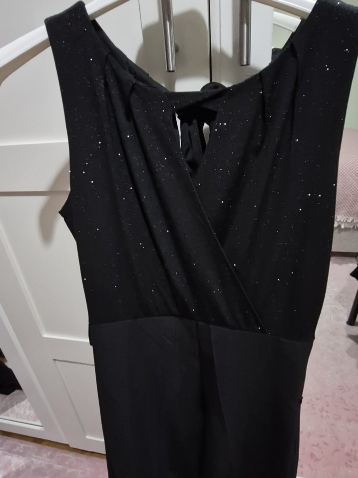 Siyah Üstü Sim Detaylı Kumaştan 0 Kollu Kumaş Pantolonlu Tulum - Görsel 5