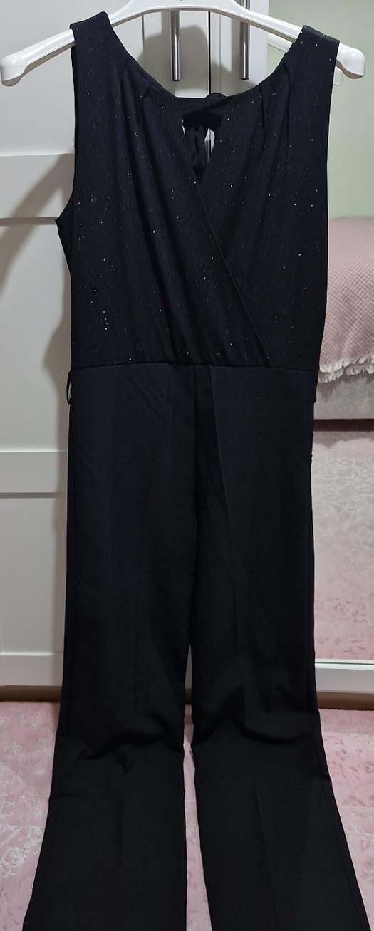 Siyah Üstü Sim Detaylı Kumaştan 0 Kollu Kumaş Pantolonlu Tulum - Görsel 3