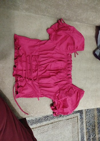 Pembe Straplez Fırfırlı Kadın Bluz