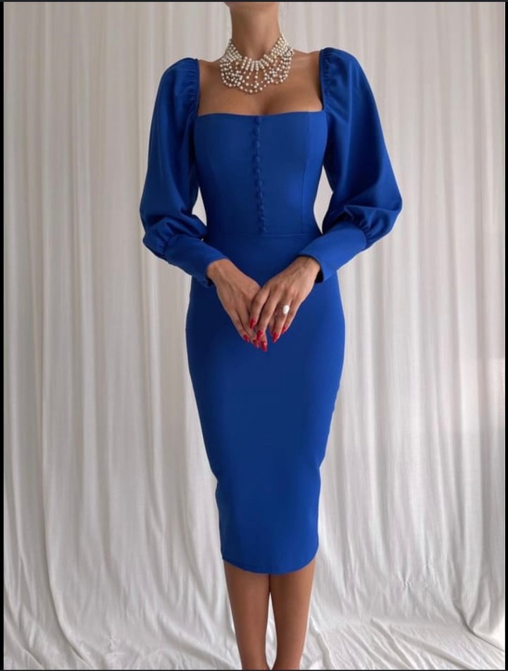 Mavi  Uzun Kollu Kalem Elbise - Görsel 2