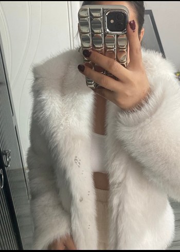 Beyaz Kürk Detaylı Uzun Kollu Midi Kadın Ceket - Görsel 3