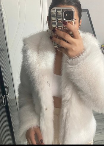 Beyaz Kürk Detaylı Uzun Kollu Midi Kadın Ceket - Görsel 2