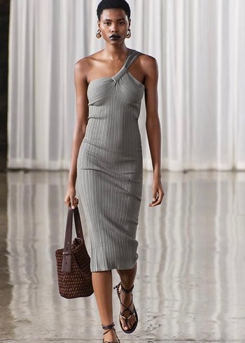 Gri V Yakalı Uzun Triko Elbise - Görsel 3