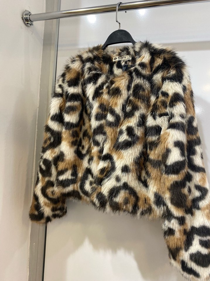 Leopar Desenli Kahverengi Suni Kürk Ceket - Görsel 2
