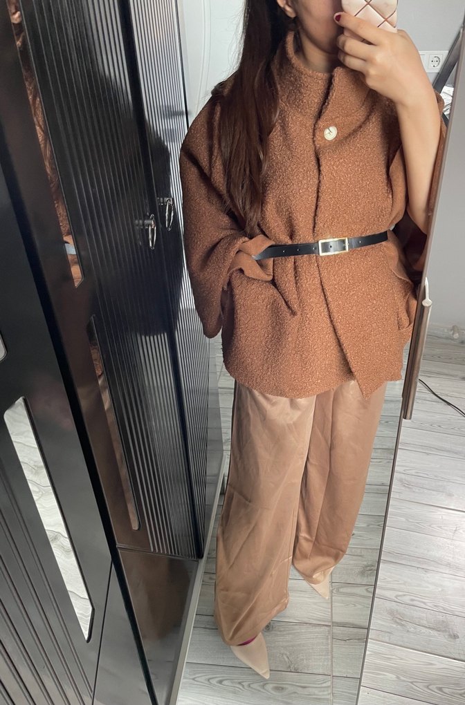 Kemerli Kahverengi Kadın Panço - Görsel 2