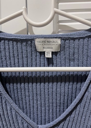 V Yaka Mavi Örgü Kadın Kazak - Görsel 3