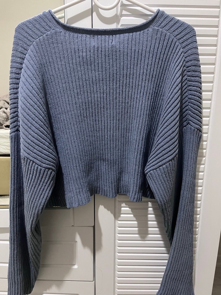 V Yaka Mavi Örgü Kadın Kazak - Görsel 5