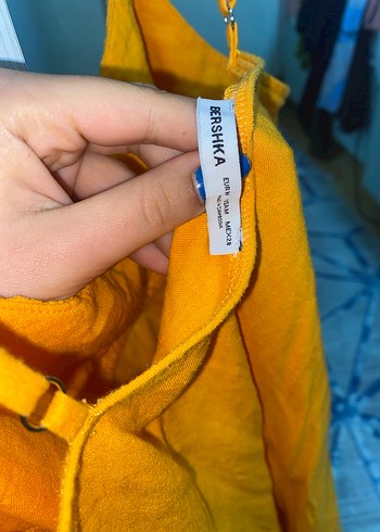 Turuncu Midi Askılı Keten Elbise - Görsel 3