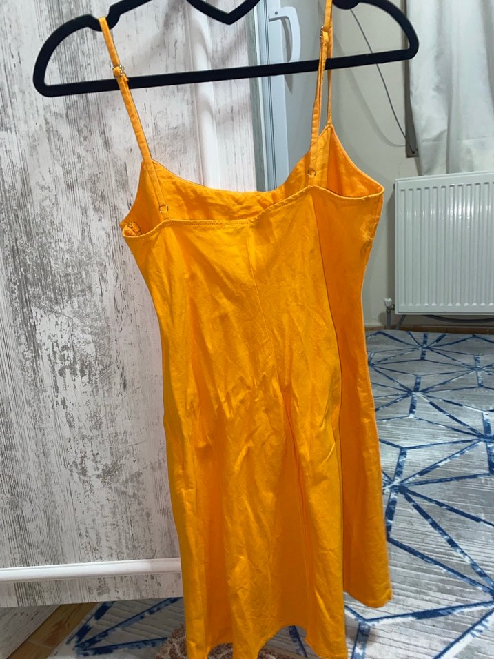 Turuncu Midi Askılı Keten Elbise - Görsel 2