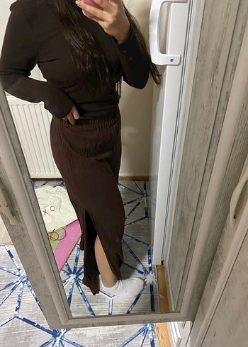 Kadın Kahverengi Keten yırtmaçlı Pantolon - Görsel 3