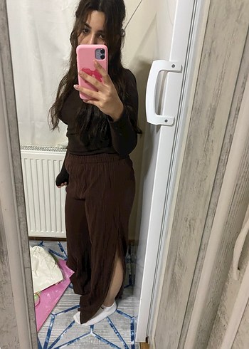 Kadın Kahverengi Keten yırtmaçlı Pantolon - Görsel 4